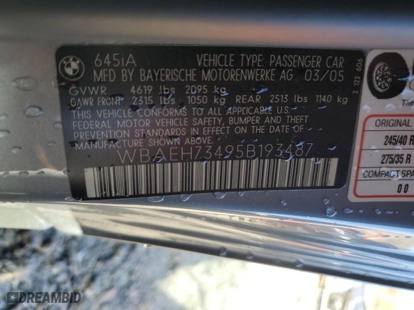 2005 BMW 6 Series 645Ci with VIN WBAEH73495B193487, listed as a Copart auction lot 88299505 with 57,967 mi miles and Salvage Title. Bid and sale history available at carsss.com. Image 12.