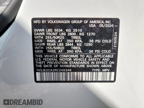 2024 Volkswagen Atlas SE с VIN 1V2JE2CA2RC248346, выставлен на аукционе Copart как лот 59822925 с пробегом 15 191 миль миль и Списание • Salvage title. История ставок и продаж доступна на DreamBid. Изображение 12.