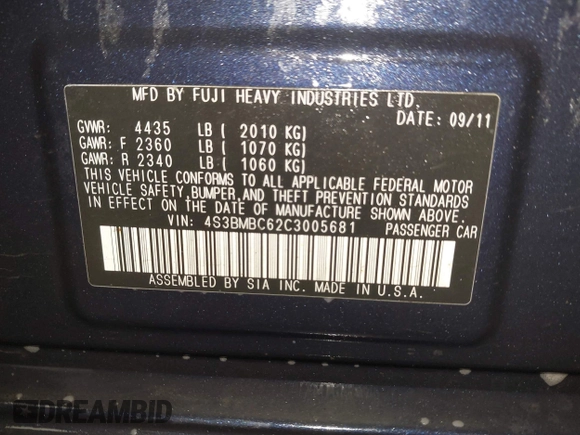 2012 Subaru Legacy Premium with VIN 4S3BMBC62C3005681, listed as a IAAI auction lot 41829150 with 221,257 mi miles and . Bid and sale history available at DreamBid. Image 9.