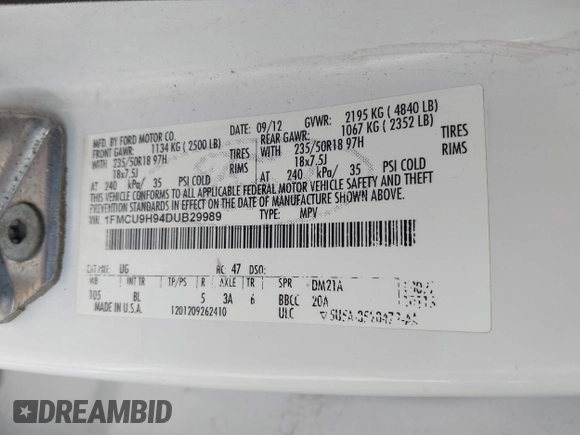 2013 Ford Escape SEL with VIN 1FMCU9H94DUB29989, listed as a IAAI auction lot 42075895 with 147,242 mi miles and . Bid and sale history available at DreamBid. Image 9.
