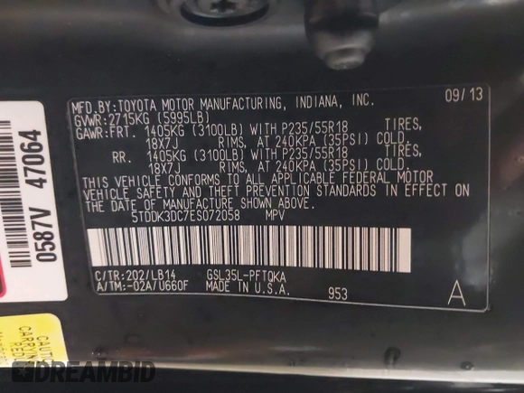 2014 Toyota Sienna Ltd with VIN 5TDDK3DC7ES072058, listed as a IAAI auction lot 41548332 with 153,742 mi miles. Bid and sale history available at carsss.com. Image 9.