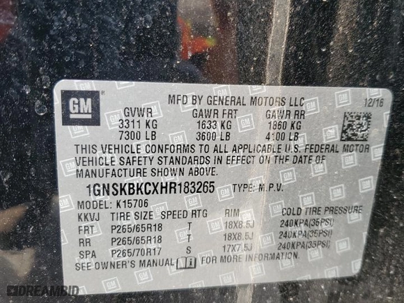 2017 Chevrolet Tahoe LT with VIN 1GNSKBKCXHR183265, listed as a Copart auction lot 51372955 with 197,724 mi miles and Salvage Title. Bid and sale history available at carsss.com. Image 13.
