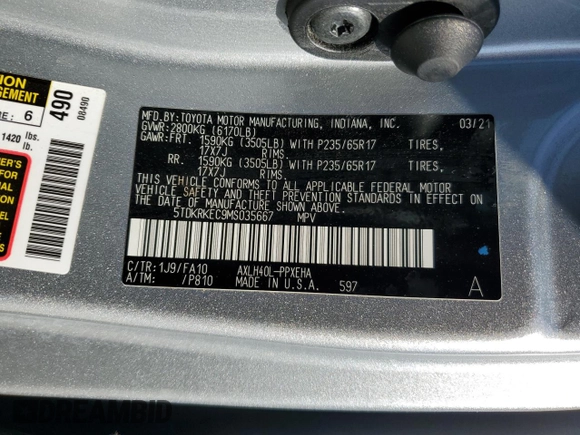 2021 Toyota Sienna LE with VIN 5TDKRKEC9MS035667, listed as a Copart auction lot 53754995 with 98,170 mi miles and Salvage title. Bid and sale history available at DreamBid. Image 13.