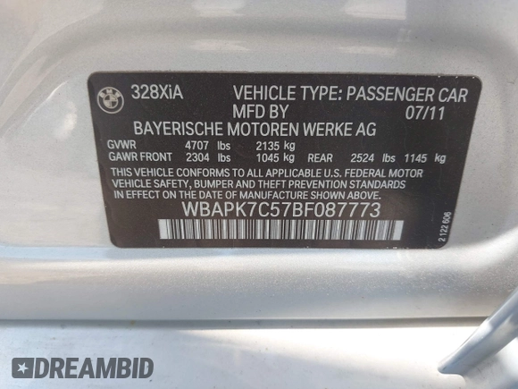 2011 BMW 3 Series 328i xDrive with VIN WBAPK7C57BF087773, listed as a IAAI auction lot 42653731 with 107,868 mi miles and . Bid and sale history available at DreamBid. Image 9.