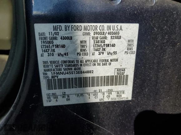 2003 Ford Excursion Eddie Bauer z VIN 1FMNU45S13EB44882, wystawiony jako Copart lot #72880424 z przebiegiem 215 341 mil mil oraz Czysty tytuł • Clean title. Historia ofert i sprzedaży dostępna na DreamBid. Obrazek 12.