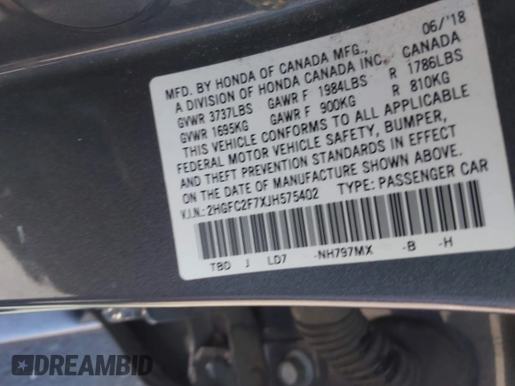 2018 Honda Civic EX с VIN 2HGFC2F7XJH575402, выставлен на аукционе IAAI как лот 42391677 с пробегом 95 623 миль миль и . История ставок и продаж доступна на DreamBid. Изображение 9.