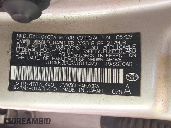 2010 Toyota Prius II with VIN JTDKN3DU2A1011490, listed as a IAAI auction lot 41836858 with 254,017 mi miles and . Bid and sale history available at carsss.com. Image 9.