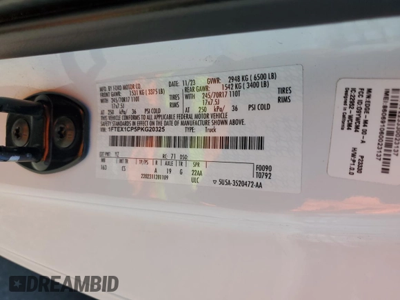 2023 Ford F-150 XL with VIN 1FTEX1CP5PKG20325, listed as a Copart auction lot 58496325 with 31,182 mi miles and Salvage title. Bid and sale history available at DreamBid. Image 12.