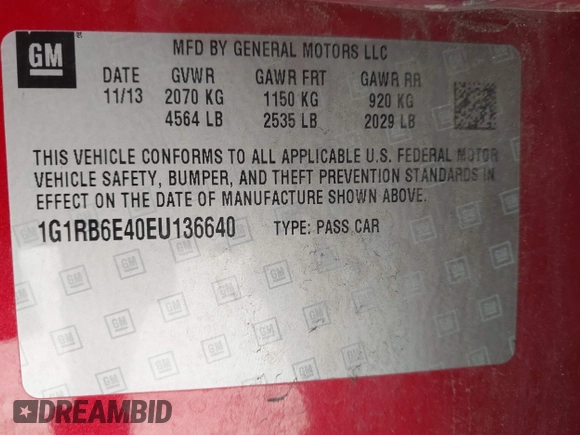 2014 Chevrolet Volt with VIN 1G1RB6E40EU136640, listed as a IAAI auction lot 42144066 with 168,732 mi miles and . Bid and sale history available at carsss.com. Image 9.