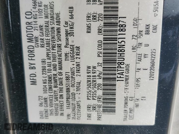 2022 Ford Mustang EcoBoost z VIN 1FATP8UH8N5118871, wystawiony jako Copart lot #62745435 z przebiegiem 79 120 mil mil oraz Szkoda całkowita • Salvage title. Historia ofert i sprzedaży dostępna na DreamBid. Obrazek 13.