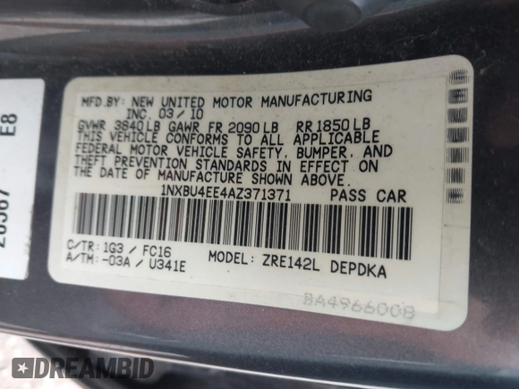 2010 Toyota Corolla with VIN 1NXBU4EE4AZ371371, listed as a IAAI auction lot 42835650 with 277,170 mi miles and . Bid and sale history available at DreamBid. Image 9.