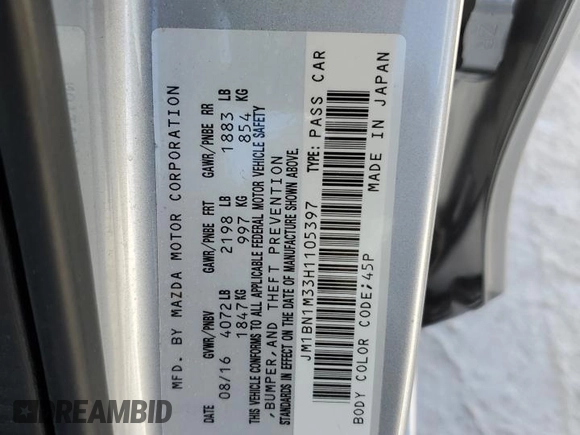 2017 Mazda 3 Grand Touring with VIN JM1BN1M33H1105397, listed as a Copart auction lot 86052334 with 21,578 mi miles and Salvage Title. Bid and sale history available at DreamBid. Image 14.