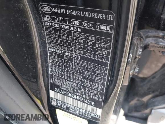 2017 Land Rover Range Rover Evoque SE with VIN SALVP2BG3HH214316, listed as a IAAI auction lot 41846259 with 113,460 mi miles and . Bid and sale history available at DreamBid. Image 9.