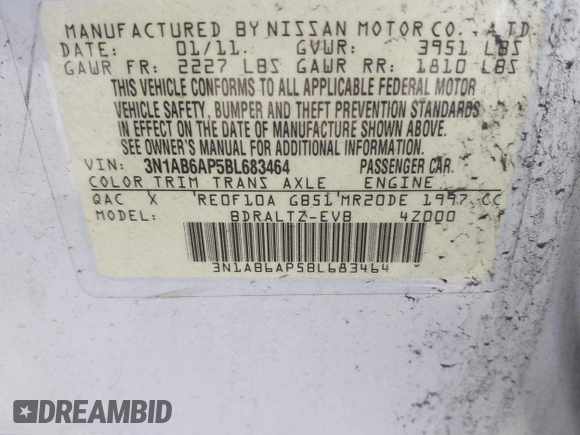2011 Nissan Sentra SR with VIN 3N1AB6AP5BL683464, listed as a IAAI auction lot 42142339 with Not Provided miles and . Bid and sale history available at DreamBid. Image 9.