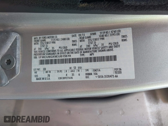 2014 Ford Escape SE with VIN 1FMCU9GX9EUB15619, listed as a IAAI auction lot 42603542 with 188,454 mi miles and . Bid and sale history available at DreamBid. Image 9.