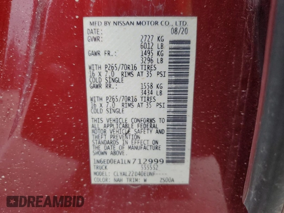 2020 Nissan Frontier S z VIN 1N6ED0EA1LN712999, wystawiony jako Copart lot #56111725 z przebiegiem Nie podano mil oraz Czysty tytuł • Clean title. Historia ofert i sprzedaży dostępna na DreamBid. Obrazek 12.