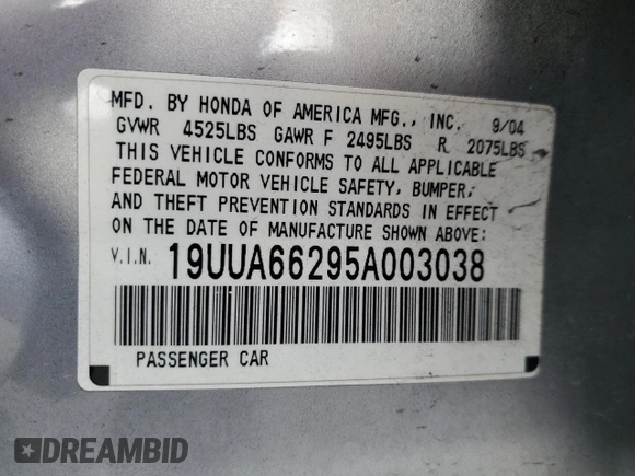 2005 Acura TL with VIN 19UUA66295A003038, listed as a Copart auction lot 53186805 with 192,533 mi miles and Clean Title. Bid and sale history available at carsss.com. Image 12.