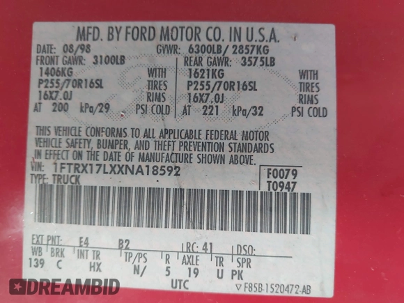 1999 Ford F-150 XL with VIN 1FTRX17LXXNA18592, listed as a IAAI auction lot 40929037 with 1 mi miles. Bid and sale history available at carsss.com. Image 9.