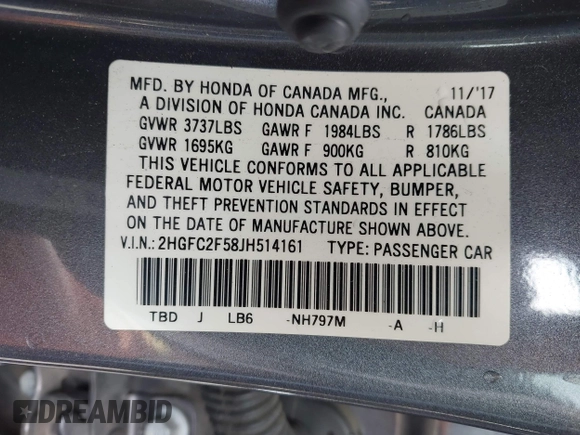 2018 Honda Civic LX with VIN 2HGFC2F58JH514161, listed as a IAAI auction lot 42073133 with 117,658 mi miles. Bid and sale history available at carsss.com. Image 9.