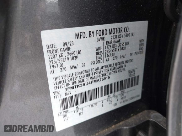2023 Ford Mustang Mach-E Premium with VIN 3FMTK3SU4PMA76915, listed as a IAAI auction lot 42350153 with 3,957 mi miles and . Bid and sale history available at DreamBid. Image 9.