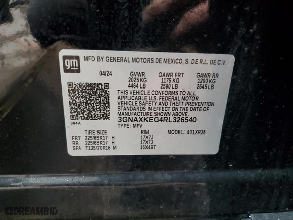 2024 Chevrolet Equinox LT with VIN 3GNAXKEG4RL326540, listed as a Copart auction lot 45382365 with 0 mi miles and Non Repairable. Bid and sale history available at carsss.com. Image 13.