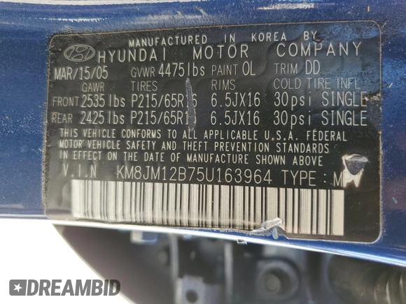 2005 Hyundai Tucson GL with VIN KM8JM12B75U163964, listed as a Copart auction lot 53674845 with 111,665 mi miles and Clean Title. Bid and sale history available at carsss.com. Image 13.