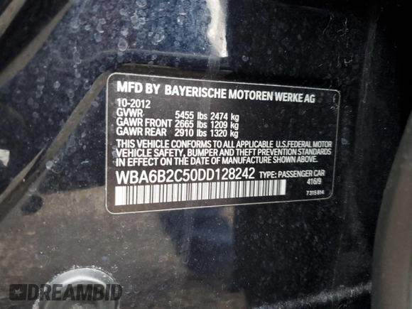 2013 BMW 6 Series 650i with VIN WBA6B2C50DD128242, listed as a Copart auction lot 44441885 with 107,960 mi miles and Salvage Title. Bid and sale history available at DreamBid. Image 12.