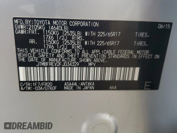 2015 Toyota RAV4 LE with VIN JTMBFREV2FJ034329, listed as a Copart auction lot 60719915 with 90,471 mi miles and Salvage title. Bid and sale history available at DreamBid. Image 12.