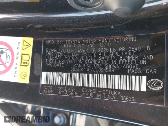 2018 Lexus ES with VIN 58ABK1GG7JU091598, listed as a IAAI auction lot 41712081 with 155,015 mi miles. Bid and sale history available at carsss.com. Image 9.
