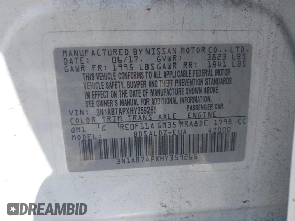 2017 Nissan Sentra S with VIN 3N1AB7APXHY359265, listed as a IAAI auction lot 41987737 with 67,147 mi miles and . Bid and sale history available at carsss.com. Image 9.