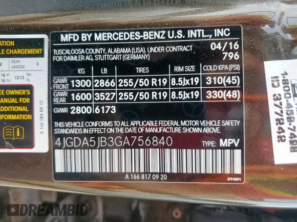 2016 Mercedes-Benz GLE 350 with VIN 4JGDA5JB3GA756840, listed as a Copart auction lot 57620085 with 142,919 mi miles and Clean title. Bid and sale history available at DreamBid. Image 13.