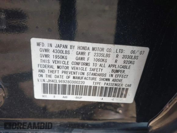 2008 Acura TSX Nav with VIN JH4CL96928C000220, listed as a IAAI auction lot 42424417 with 230,000 mi miles and . Bid and sale history available at DreamBid. Image 9.