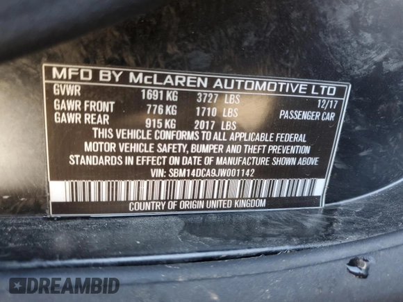 2018 McLaren 720S z VIN SBM14DCA9JW001142, wystawiony jako Copart lot #76969554 z przebiegiem Nie podano mil oraz Szkody całkowita. Historia ofert i sprzedaży dostępna na DreamBid. Obrazek 13.