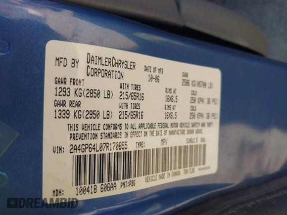 2007 Chrysler Town & Country LWB Limited with VIN 2A4GP64L07R170855, listed as a IAAI auction lot 41626921 with 215,502 mi miles. Bid and sale history available at carsss.com. Image 9.