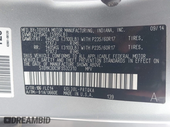 2015 Toyota Sienna XLE with VIN 5TDYK3DC9FS532310, listed as a IAAI auction lot 41990553 with 75,133 mi miles and . Bid and sale history available at DreamBid. Image 9.
