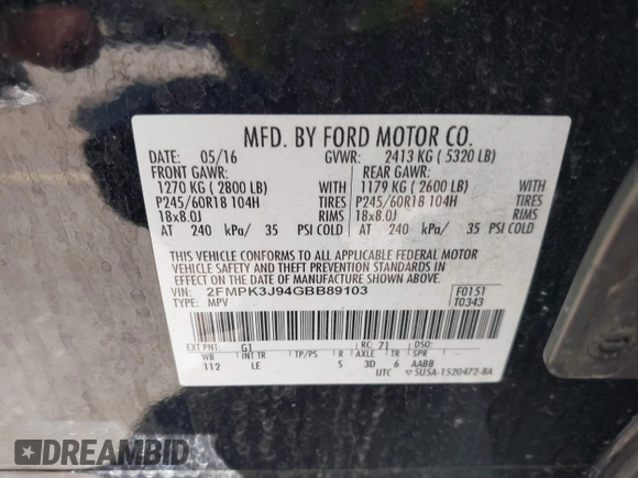 2016 Ford Edge SEL with VIN 2FMPK3J94GBB89103, listed as a IAAI auction lot 41751500 with 85,429 mi miles. Bid and sale history available at carsss.com. Image 9.
