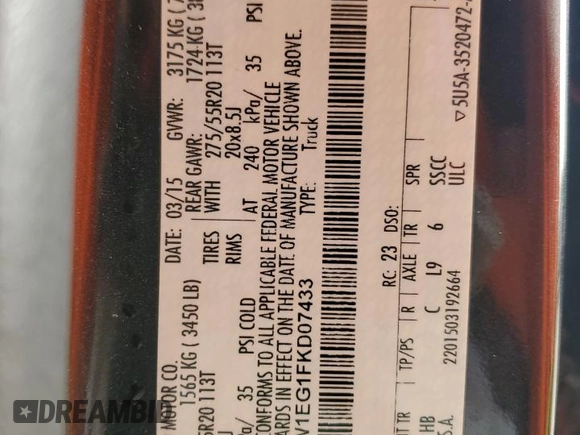 2015 Ford F-150 XLT with VIN 1FTEW1EG1FKD07433, listed as a Copart auction lot 54478765 with 156,608 mi miles and Salvage title. Bid and sale history available at DreamBid. Image 13.