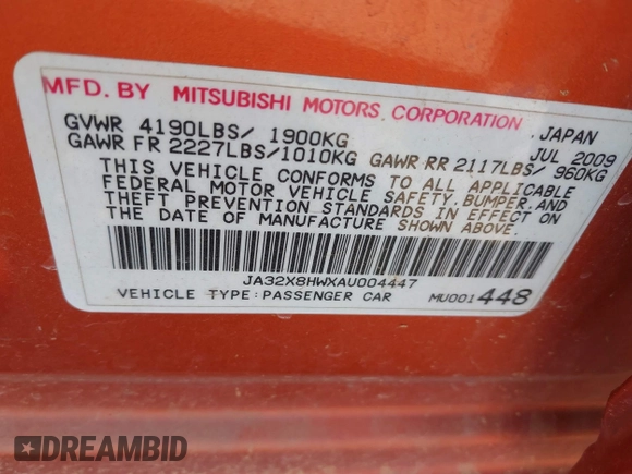 2010 Mitsubishi Lancer GTS z VIN JA32X8HWXAU004447, wystawiony jako IAAI lot #41487689 z przebiegiem Nie podano mil oraz . Historia ofert i sprzedaży dostępna na DreamBid. Obrazek 9.