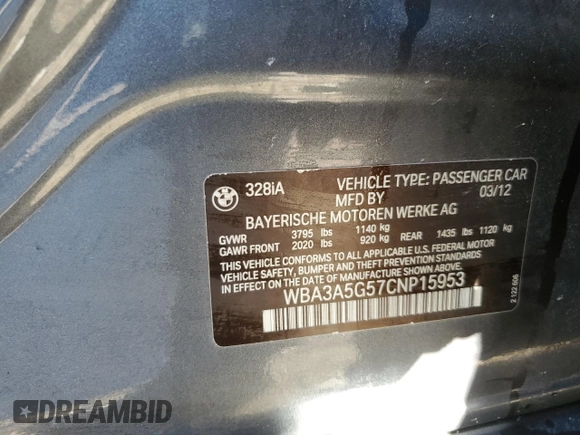 2012 BMW 3 Series 328i with VIN WBA3A5G57CNP15953, listed as a Copart auction lot 46664315 with 80,487 mi miles and Salvage Title. Bid and sale history available at carsss.com. Image 14.