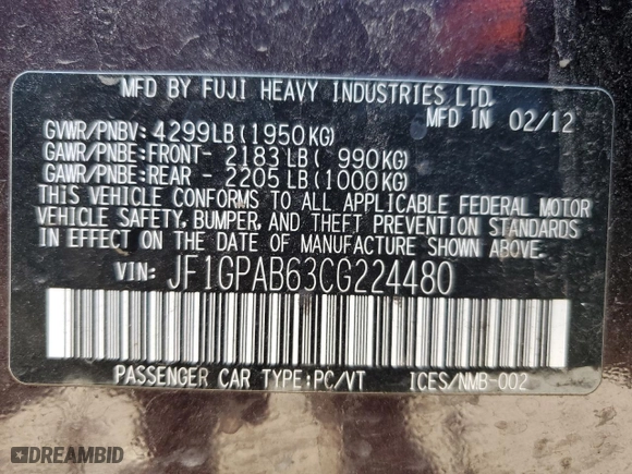2012 Subaru Impreza Wagon 2.0i Premium with VIN JF1GPAB63CG224480, listed as a Copart auction lot 42705135 with 161,336 mi miles and Salvage Title. Bid and sale history available at carsss.com. Image 13.