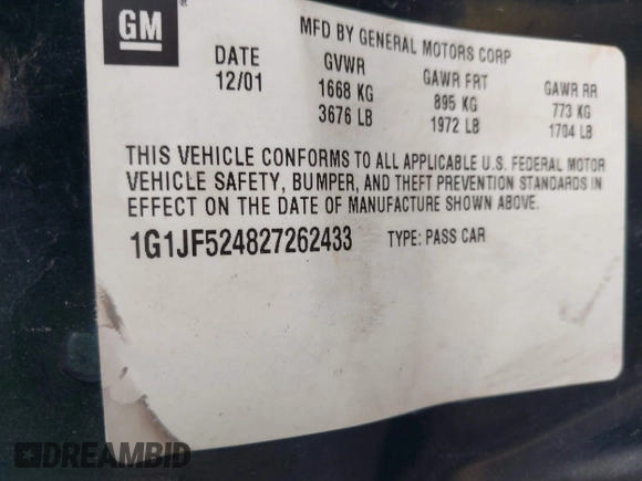 2002 Chevrolet Cavalier LS z VIN 1G1JF524827262433, wystawiony jako IAAI lot #42309143 z przebiegiem 215 140 mil mil oraz . Historia ofert i sprzedaży dostępna na DreamBid. Obrazek 9.