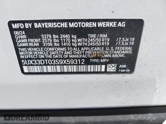 2025 BMW X4 xDrive30i with VIN 5UX33DT03S9X59312, listed as a IAAI auction lot 42531616 with 8,189 mi miles and . Bid and sale history available at DreamBid. Image 9.