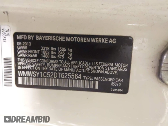 2013 MINI Roadster with VIN WMWSY1C52DT625564, listed as a IAAI auction lot 41442864 with 98,240 mi miles and . Bid and sale history available at DreamBid. Image 9.