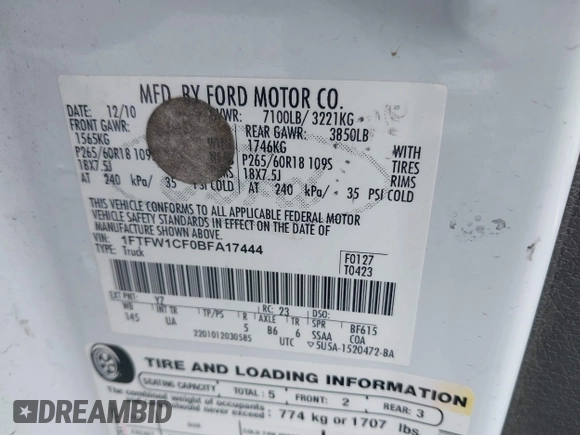 2011 Ford F-150 XL with VIN 1FTFW1CF0BFA17444, listed as a IAAI auction lot 42110691 with 230,631 mi miles and . Bid and sale history available at DreamBid. Image 9.