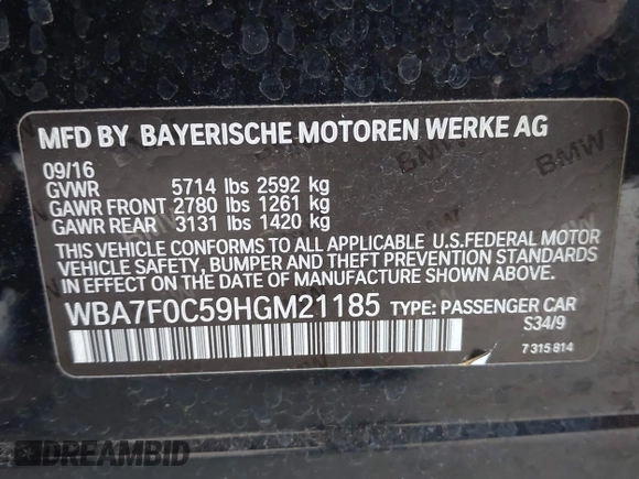 2017 BMW 7 Series 750i z VIN WBA7F0C59HGM21185, wystawiony jako IAAI lot #42360146 z przebiegiem Nie podano mil oraz . Historia ofert i sprzedaży dostępna na DreamBid. Obrazek 9.