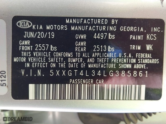 2020 Kia Optima LX with VIN 5XXGT4L34LG385861, listed as a IAAI auction lot 41661705 with 116,342 mi miles. Bid and sale history available at carsss.com. Image 9.