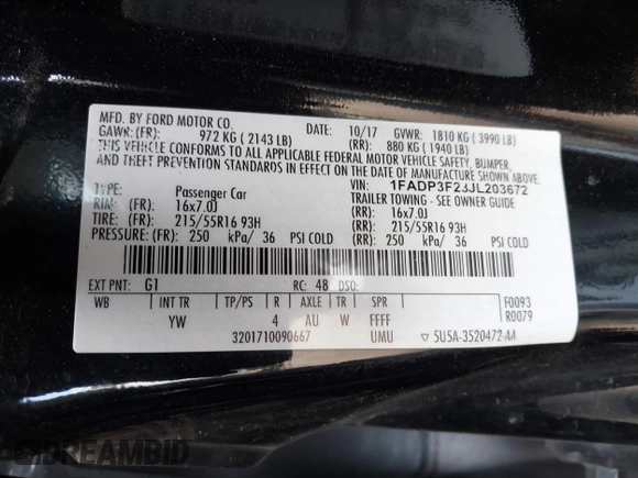 2018 Ford Focus SE with VIN 1FADP3F23JL203672, listed as a IAAI auction lot 41931723 with 110,784 mi miles. Bid and sale history available at carsss.com. Image 9.