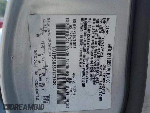 2005 Ford Taurus SE with VIN 1FAFP53U85A272630, listed as a Copart auction lot 61852075 with 196,108 mi miles and Clean title. Bid and sale history available at DreamBid. Image 12.
