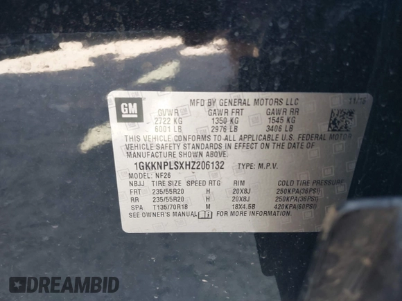 2017 GMC Acadia Denali with VIN 1GKKNPLSXHZ206132, listed as a IAAI auction lot 41507587 with 138,266 mi miles. Bid and sale history available at carsss.com. Image 9.