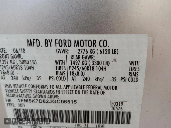 2018 Ford Explorer XLT with VIN 1FM5K7D82JGC06515, listed as a Copart auction lot 75043324 with 65,621 mi miles and Salvage Title. Bid and sale history available at DreamBid. Image 14.
